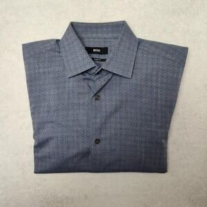 Hugo Boss Shirt Mens 15 Blue Geometric Slim Sharp Point Collar Marley Chambray